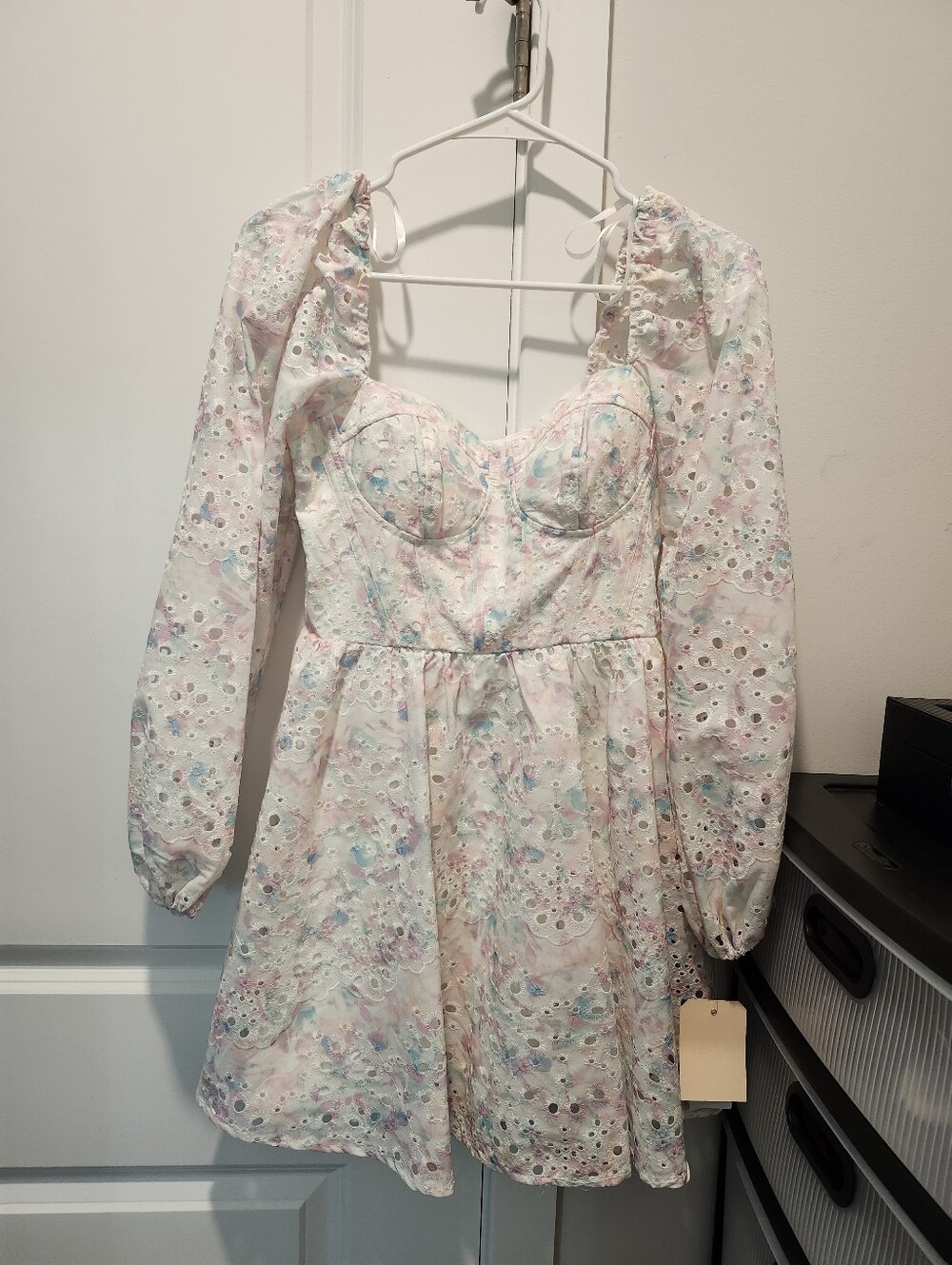 City Studio Pastel Pink and Light Blue Floral Eyelet Puff-Sleeve Dress